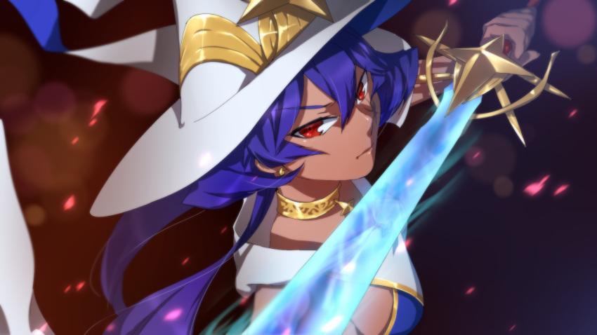 1girl, blue_hair, coffinkun, dark_skin, earrings, facial_tattoo, force_of_will, highres