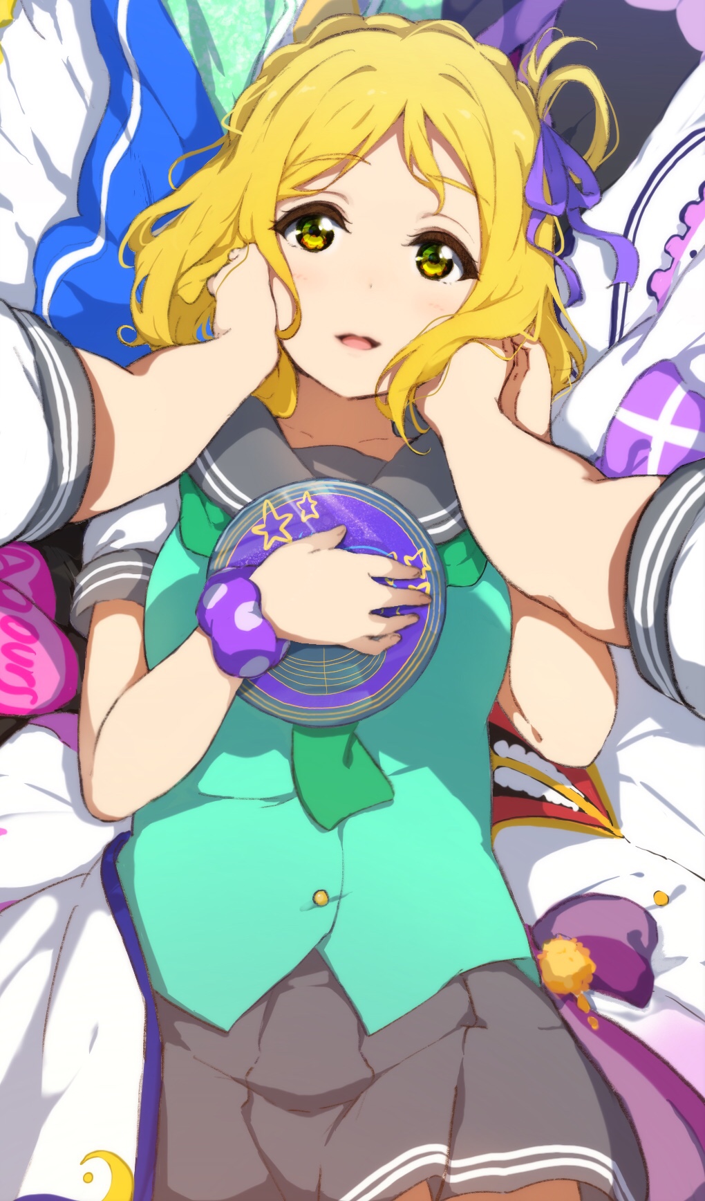 2girls, aozora_jumping_heart, aqua_vest, blonde_hair, braid, clothes, clothes_writing, crown_braid