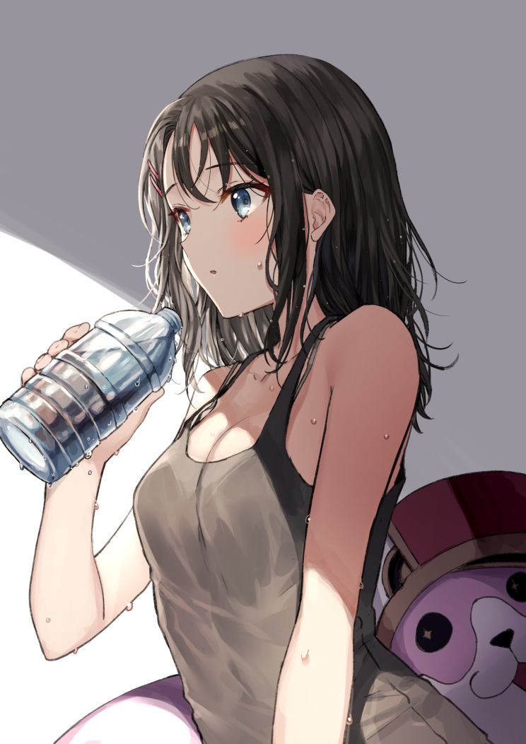+_+, 1girl, bang_dream!, bangs, black_hair, black_tank_top, blue_eyes, bottle