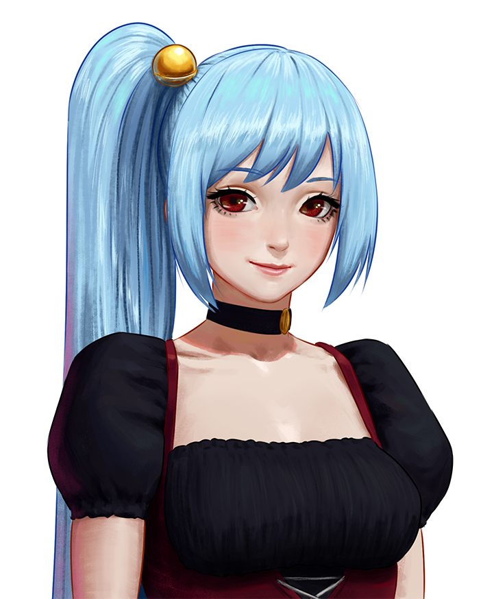1girl, bangs, black_choker, black_dress, blue_hair, carlo_montie, choker, dress
