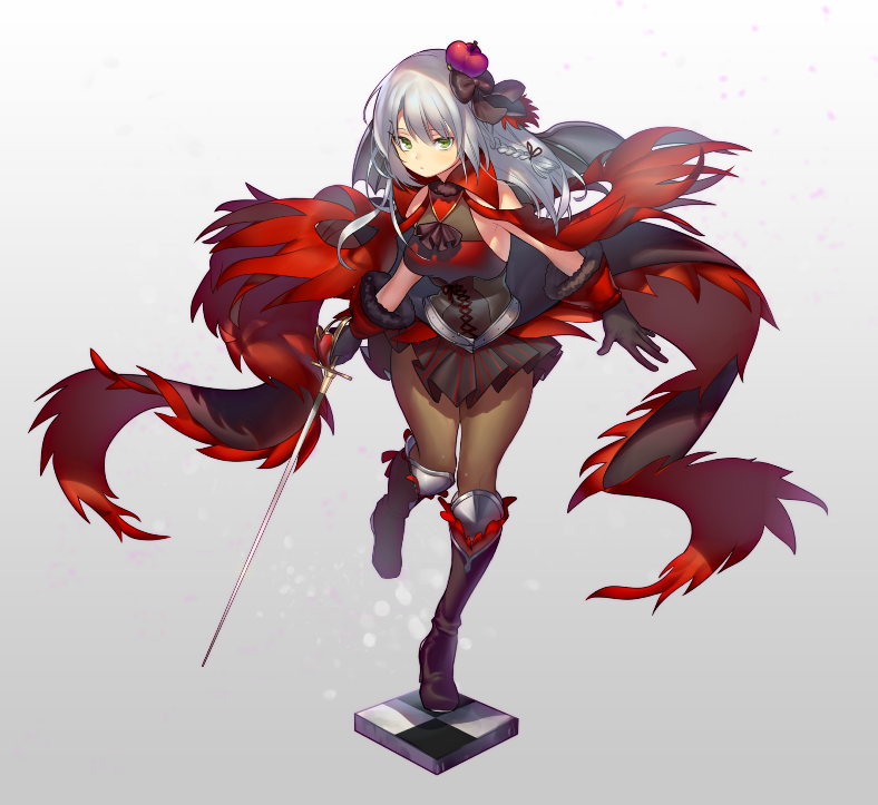 1girl, black_bow, black_gloves, black_skirt, boots, bow, braid, breasts