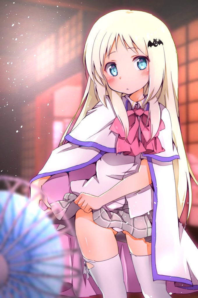 1girl, bat_hair_ornament, blonde_hair, blue_eyes, blurry, bow, ca2la, cape