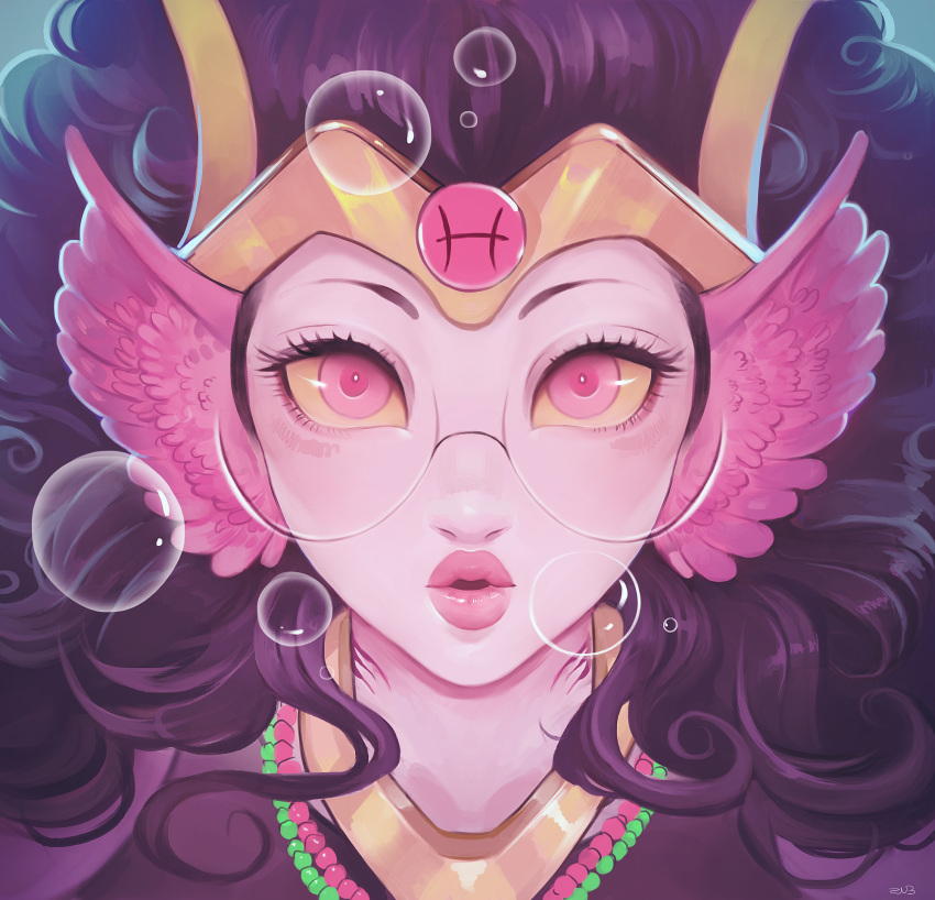 1girl, big_hair, black_hair, bubble, close-up, diadem, eyelashes, face