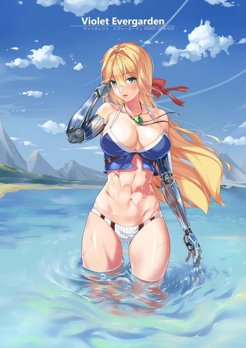1girl, abs, absurdres, artist_name, bangs, bikini, blonde_hair, breasts
