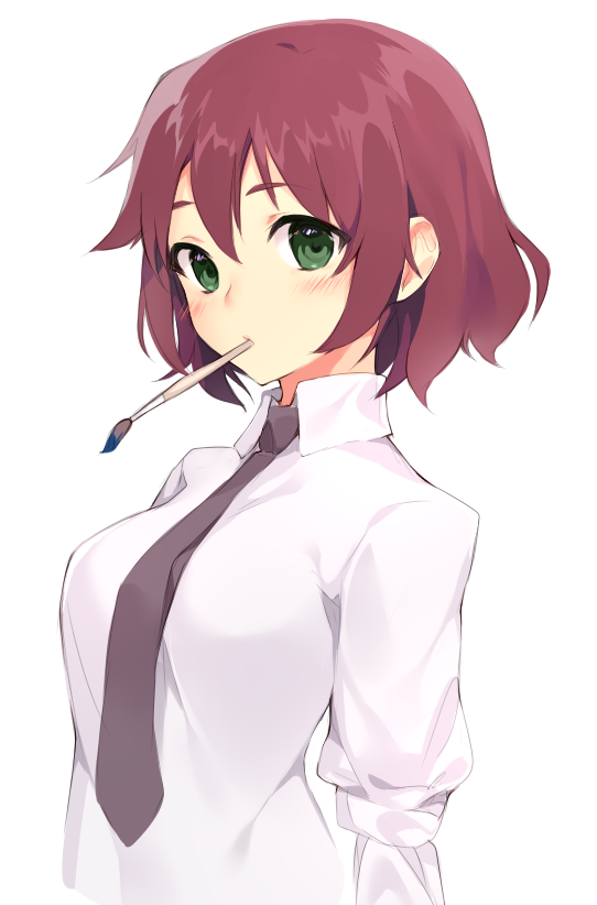 bangs, blush, breasts, brown_hair, collar, collared_shirt, green_eyes, katawa_shoujo