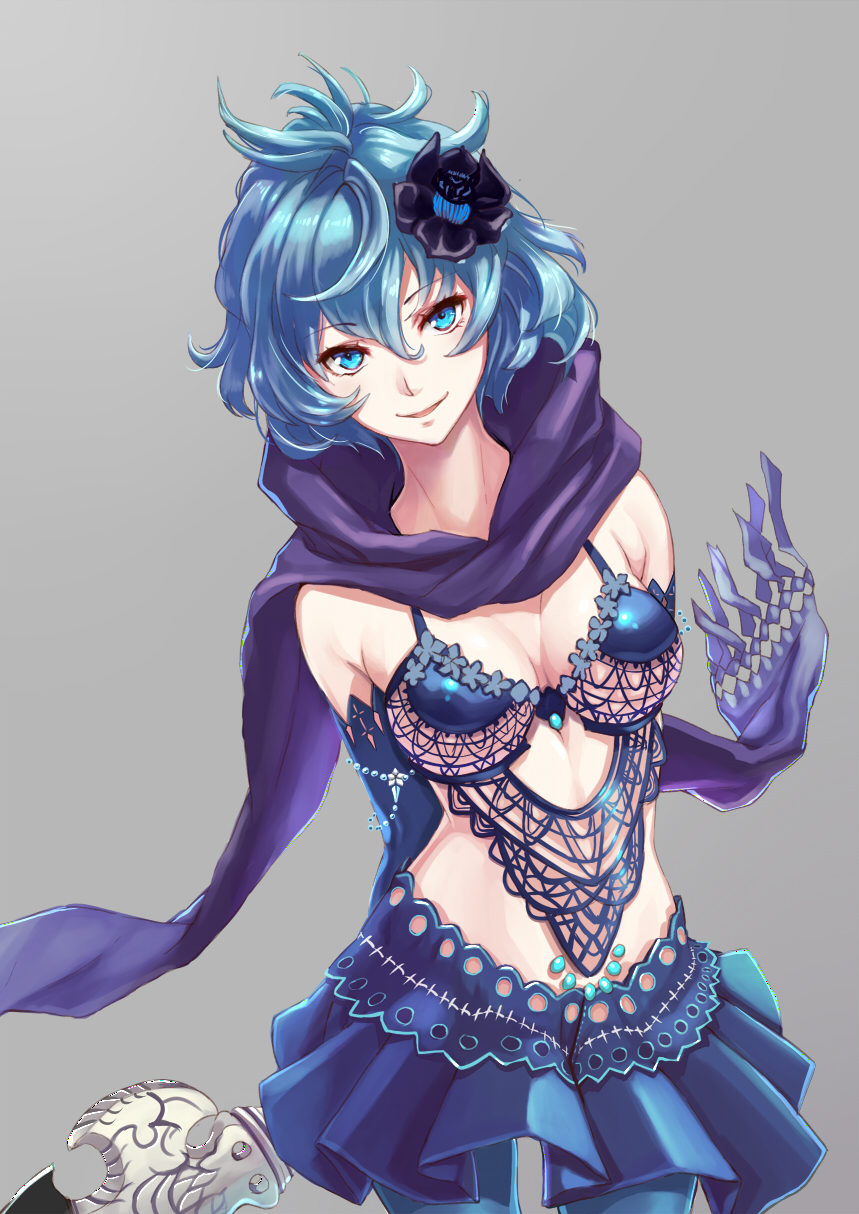 1girl, arms_behind_back, bangs, blue_eyes, blue_hair, blue_legwear, blue_skirt, breasts