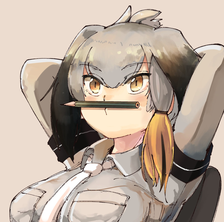 1girl, bird_wings, blonde_hair, bodystocking, breast_pocket, collared_shirt, eyebrows_visible_through_hair, grey_hair