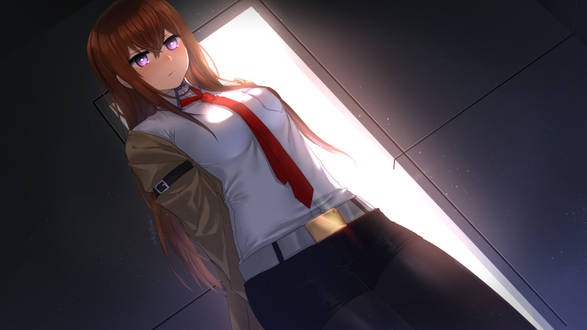 1girl, arms_behind_back, artist_name, belt, black_legwear, breasts, brown_hair, collared_shirt