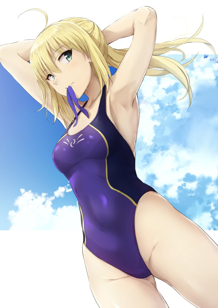 1girl, ahoge, akita_hika, armpits, arms_behind_head, arms_up, artoria_pendragon_(all), bangs