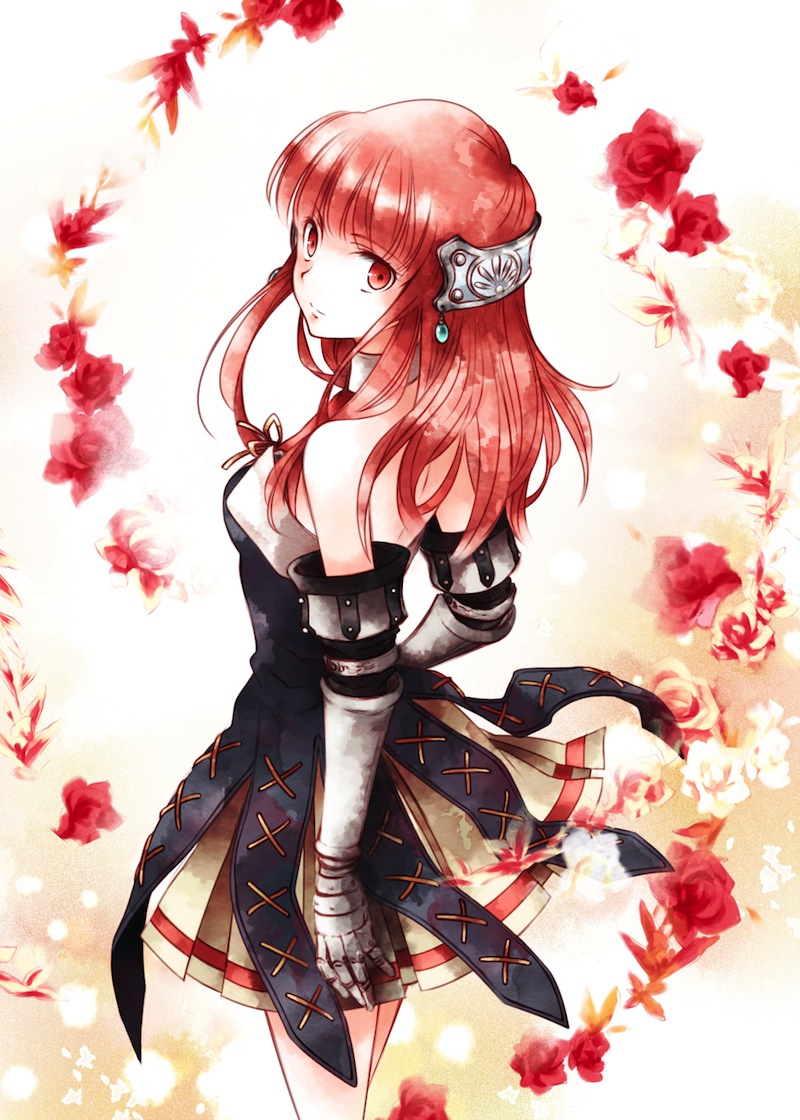 1girl, armor, armored_dress, breasts, chino_(elfuun-78), commentary_request, dress, gloves, long_hair, primiera_(saga), redhead, saga, saga_frontier_2, solo