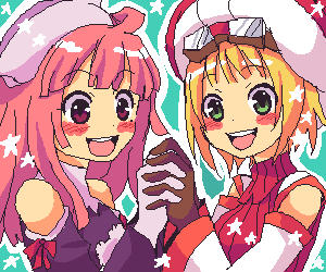 blush, cornet, gloves, green_eyes, happy, hat, la_pucelle, lowres