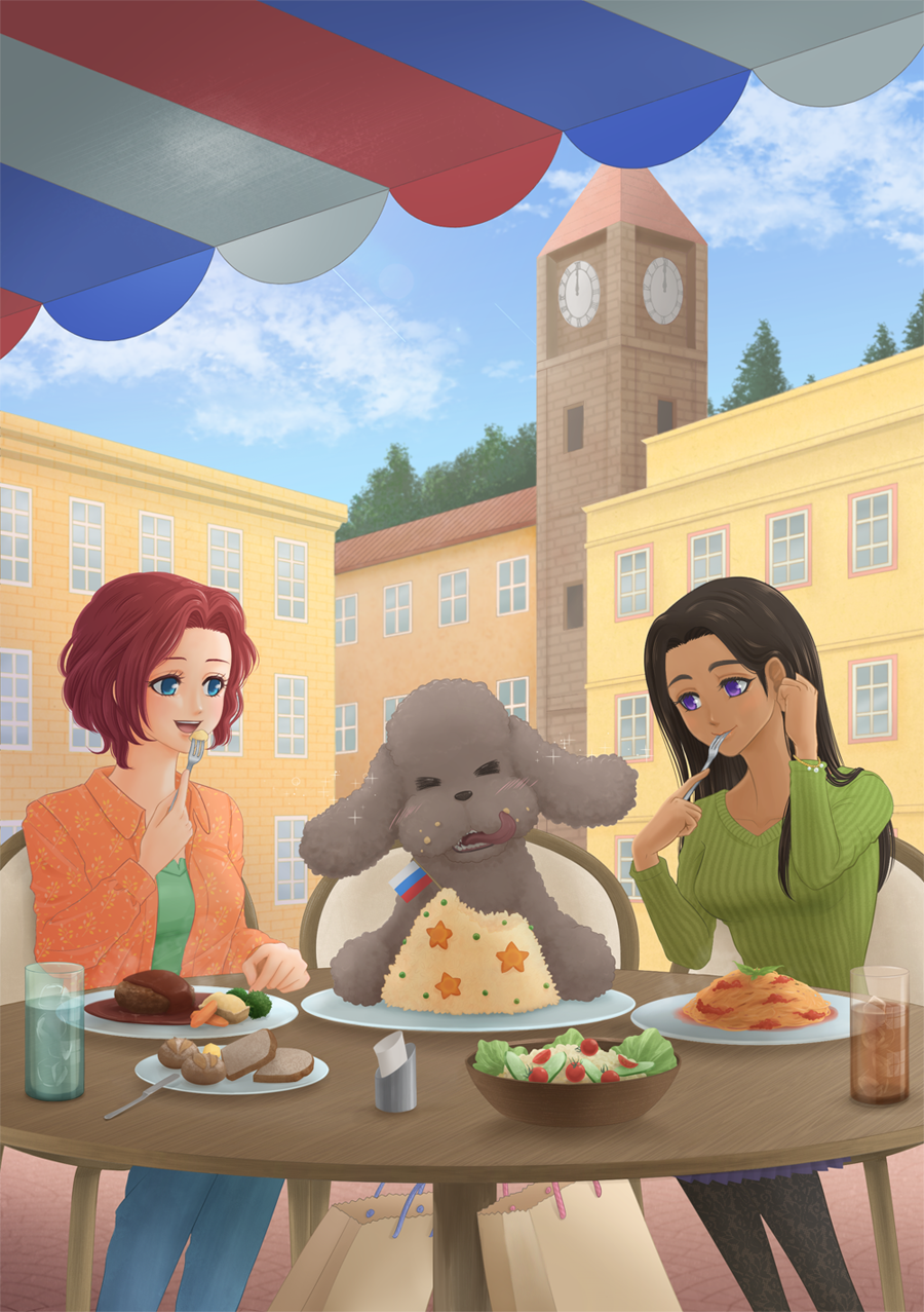 2girls, bag, black_hair, blue_eyes, blue_sky, bread, building, chair, clock, clock_tower, cup, dark_skin, dog, drinking_glass, eating, flag, food, fork, highres, makkachin, meat, mila_babicheva, multiple_girls, nekoya-nagi, open_mouth, plate, redhead, rice, salad, sara_crispino, shopping_bag, sitting, sky, smile, sparkle, table, tongue, tongue_out, tower, umbrella, violet_eyes, yuri!!!_on_ice