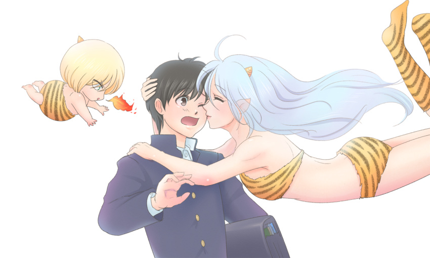 3boys, animal_print, bikini, black_hair, blonde_hair, brown_eyes, cheek_kiss, closed_eyes