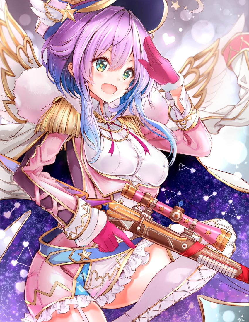1girl, ;d, absurdres, asymmetrical_legwear, blue_hair, breasts, dress_shirt, eyebrows_visible_through_hair