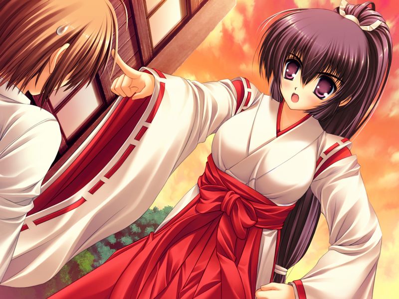 black_hair, dutch_angle, game_cg, japanese_clothes, jpeg_artifacts, long_hair, miko, norita, pointing, ponytail, purple_eyes, purple_hair, utsurigi_nanakoi_tenkiame, violet_eyes