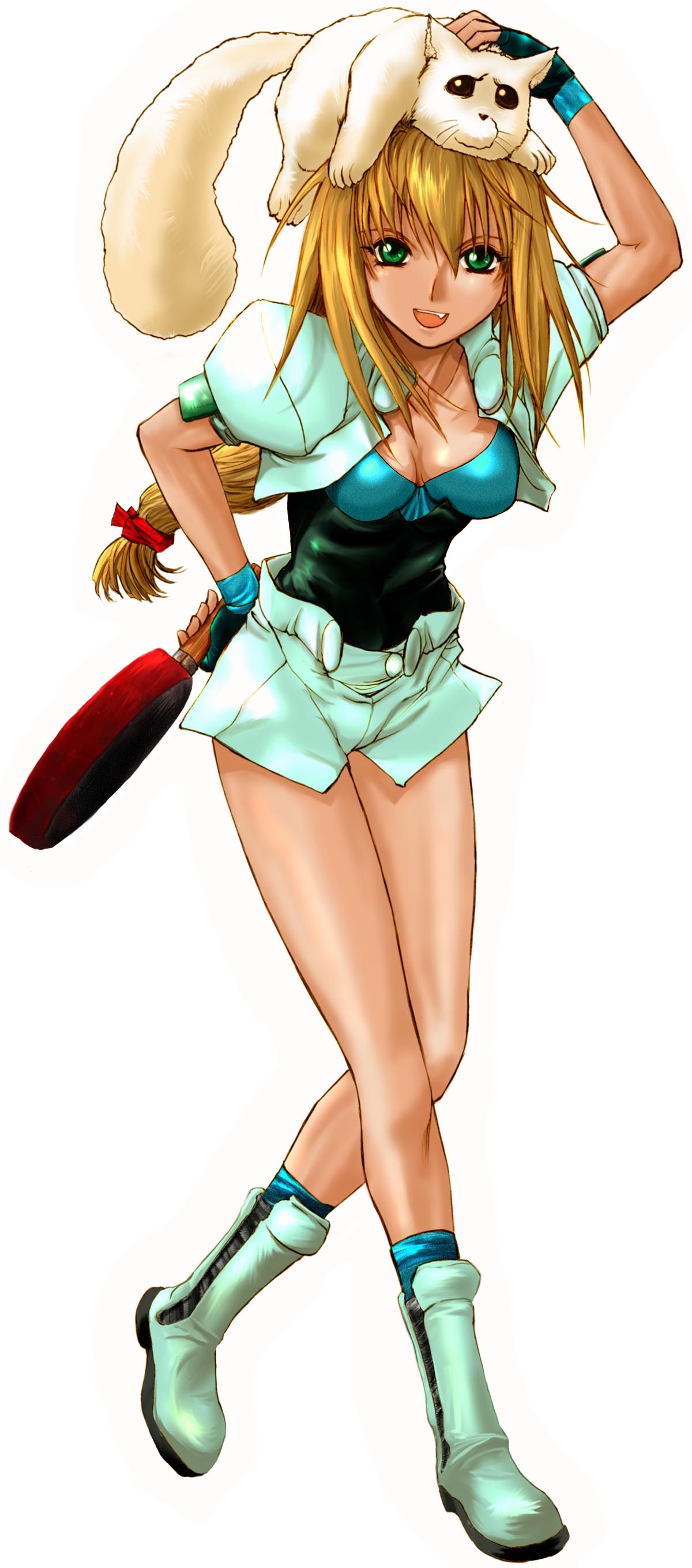 blonde_hair, dog, excel, excel_saga, frying_pan, gloves, green_eyes, highres, long_hair, menchi, rikudou_koushi