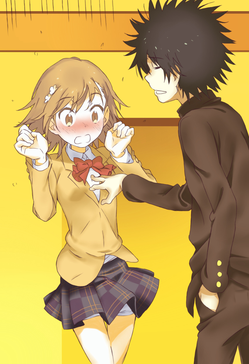 1boy, 1girl, black_hair, black_jacket, black_pants, black_skirt, blush, bow