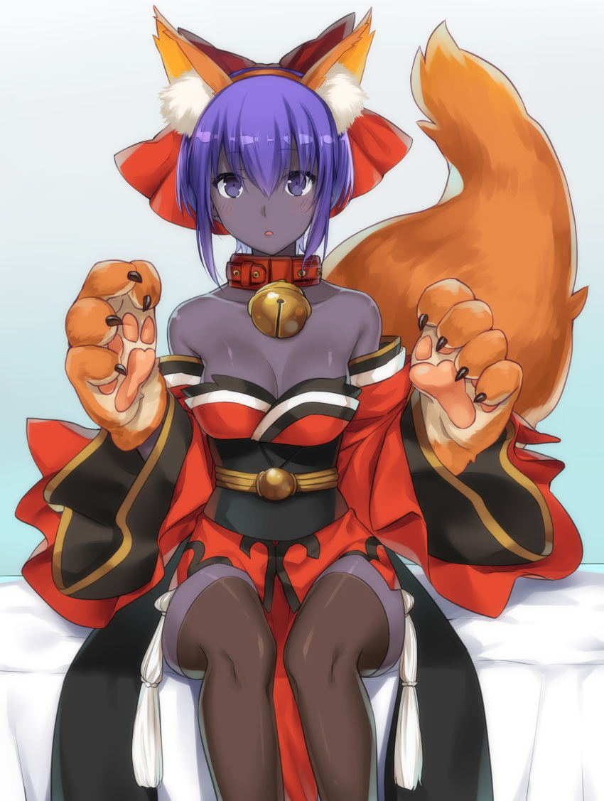 1girl, absurdres, alternate_costume, animal_ears, bare_shoulders, bell, bell_collar, blue_background