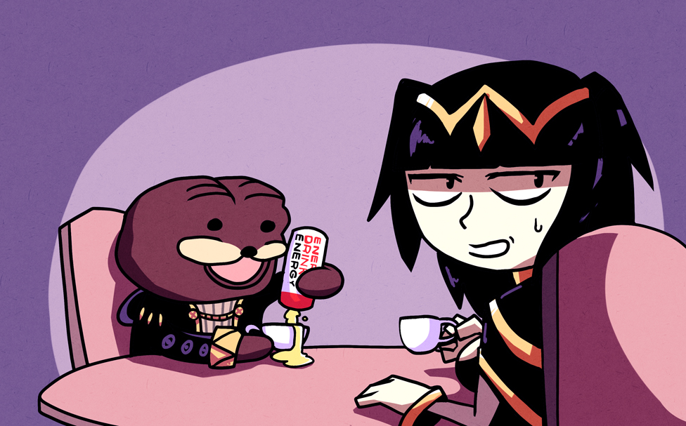 1boy, 1girl, :d, bangs, black_hair, blunt_bangs, cape, chair