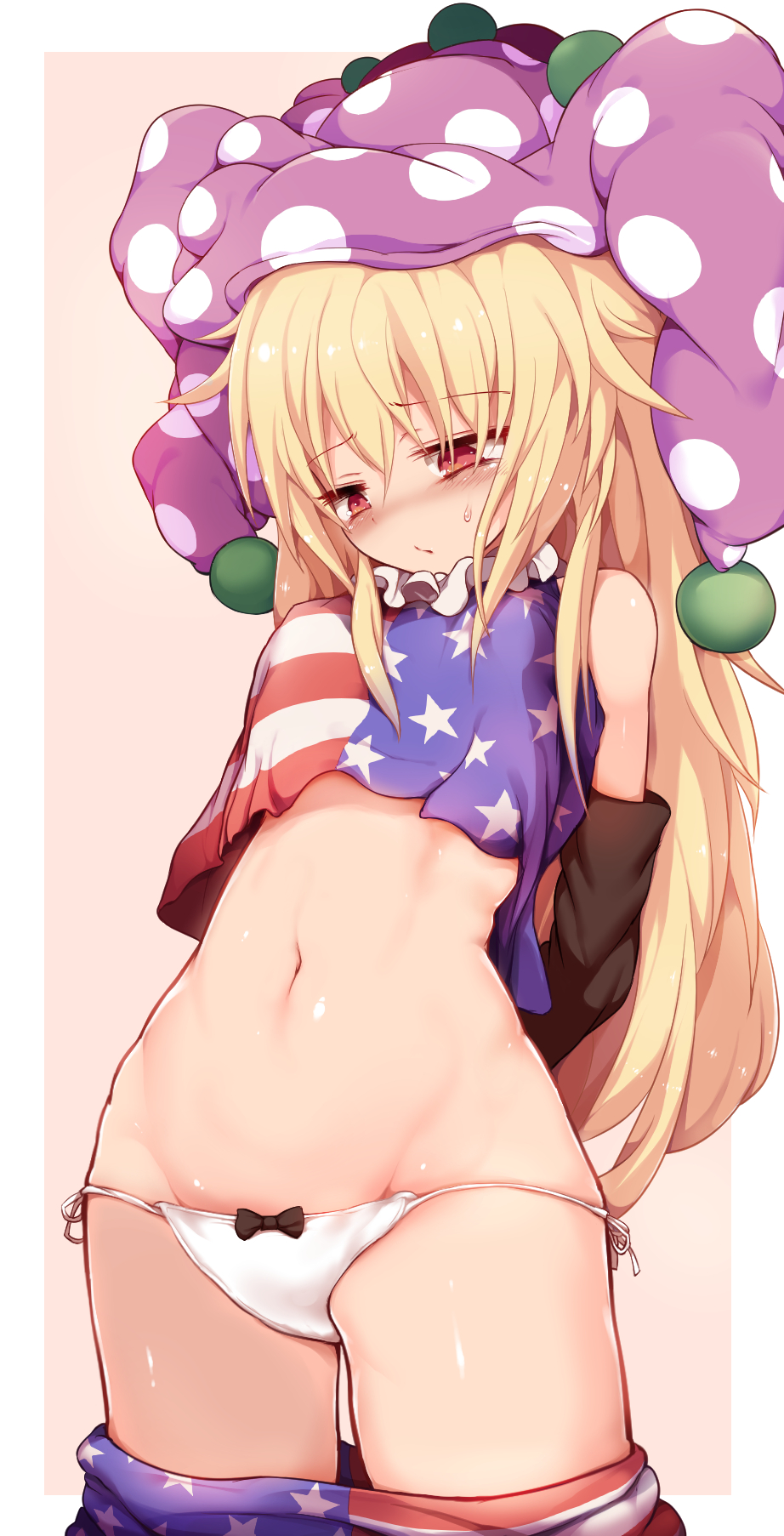 1girl, adapted_costume, american_flag_shirt, american_flag_skirt, arms_behind_back, bare_shoulders, black_bow, blonde_hair, blush, border, bow, bow_panties, breasts, clownpiece, commentary_request, cowboy_shot, crop_top, detached_sleeves, eyebrows_visible_through_hair, groin, hagure_kedama, hair_between_eyes, hat, highres, jester_cap, long_hair, looking_down, medium_breasts, midriff, navel, neck_ruff, nose_blush, panties, polka_dot_hat, purple_hat, red_eyes, shirt, side-tie_panties, simple_background, skirt, skirt_down, sleeveless, sleeveless_shirt, solo, standing, stomach, sweat, tan_background, touhou, underwear, very_long_hair, white_border, white_panties