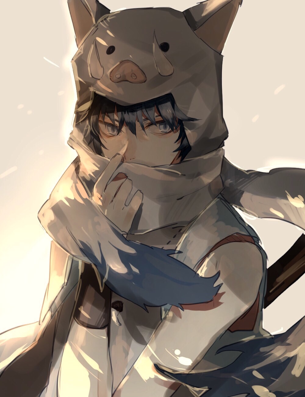 1boy, animal_costume, animal_ears, bakemono_no_ko, beige_background, black_hair, covered_mouth, grey_eyes, highres, ichirouhiko, looking_at_viewer, male_focus, pig_costume, pig_ears, pig_snout, scarf, sleeveless, solo, tsugutoku