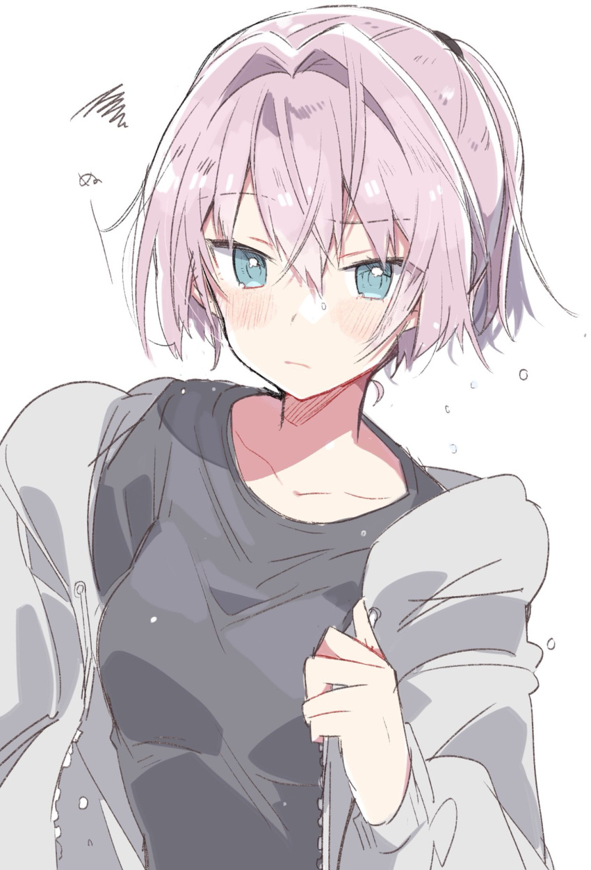 1girl, black_shirt, blue_eyes, grey_jacket, hair_intakes, highres, hood, hooded_jacket