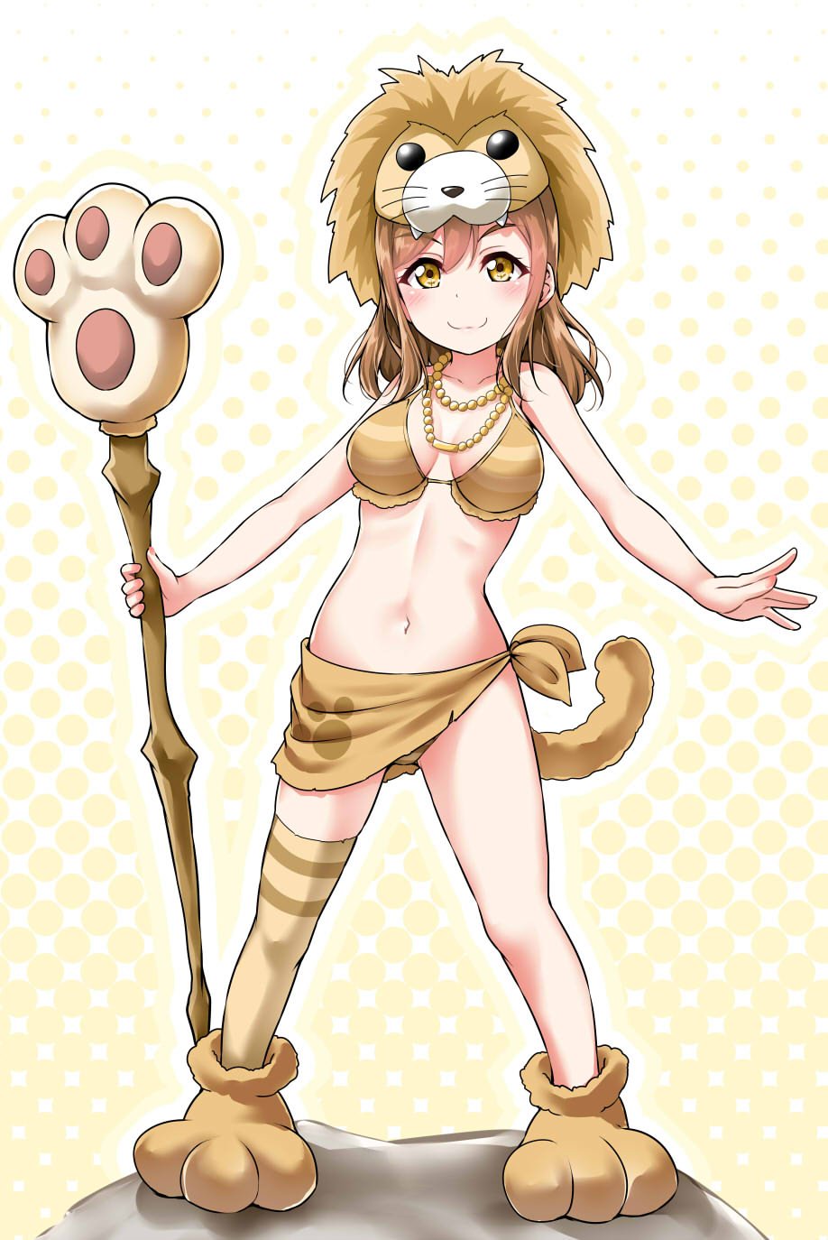 >:), 1girl, bangs, bikini_top, blush, breasts, brown_bikini_top, brown_hair