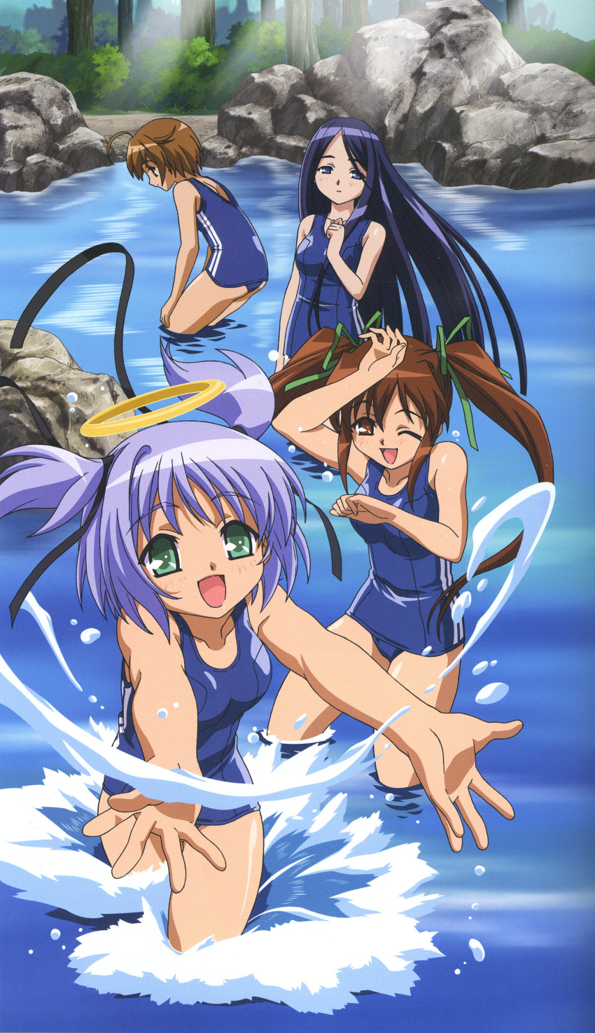 absurdres, black_hair, blue_eyes, bokusatsu_tenshi_dokuro-chan, brown_eyes, brown_hair, green_eyes, halo