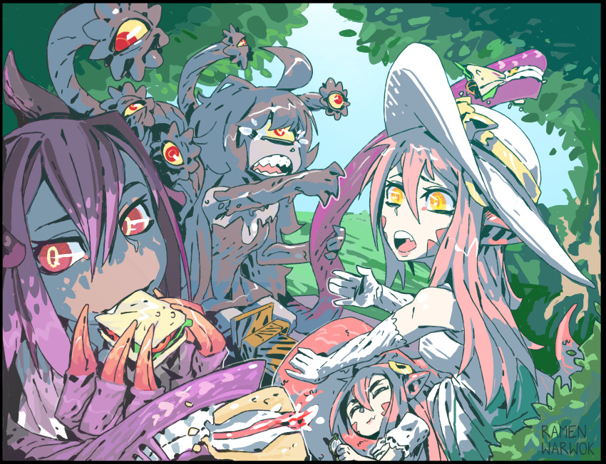 4girls, absurdres, ahoge, animal_ears, artist_name, bare_shoulders, black_border, black_hair