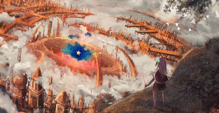 1girl, bird, building, cityscape, clouds, facing_away, highres, observatory