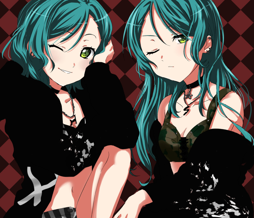 2girls, aqua_hair, argyle, argyle_background, bang_dream!, bekomaru_(pixiv5127042), black_bra, black_choker