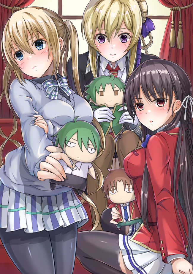 3boys, 3girls, akizuki_kouyou, ayanokouji_kiyotaka, black_hair, black_jacket, black_legwear, black_shirt