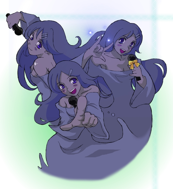 2010, 3girls, \m/, joker_(splatterhouse), microphone, namco, purple_hair, singing, splatterhouse, violet_eyes