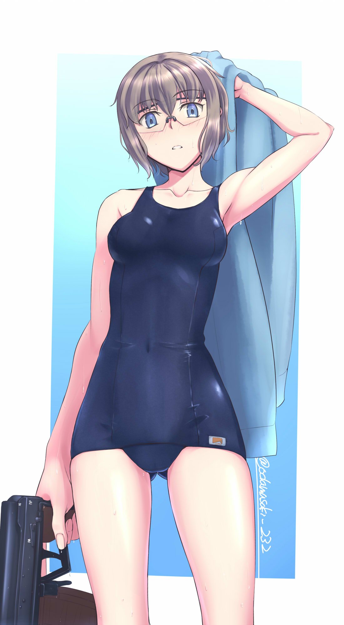 1girl, black_hair, blue_background, blue_eyes, blue_swimsuit, blue_towel, breasts, collarbone