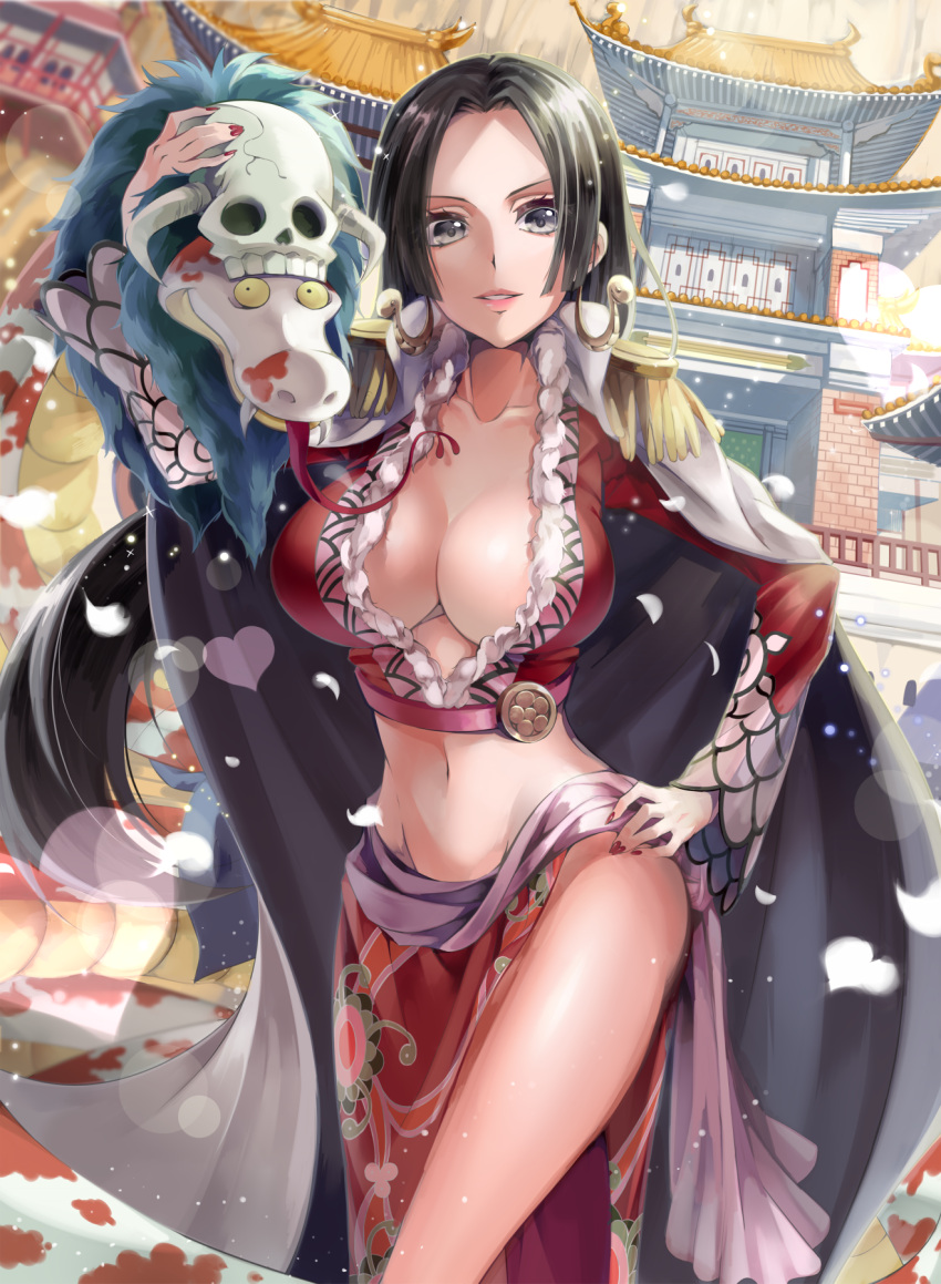 1girl, architecture, black_eyes, black_hair, boa_hancock, breasts, cape, cleavage