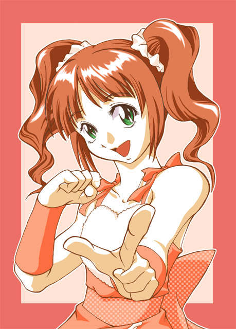 brown_hair, cute_&amp;_girly_(idolmaster), green_eyes, idolmaster, mash, mash_(masurawo), open_mouth, pointing