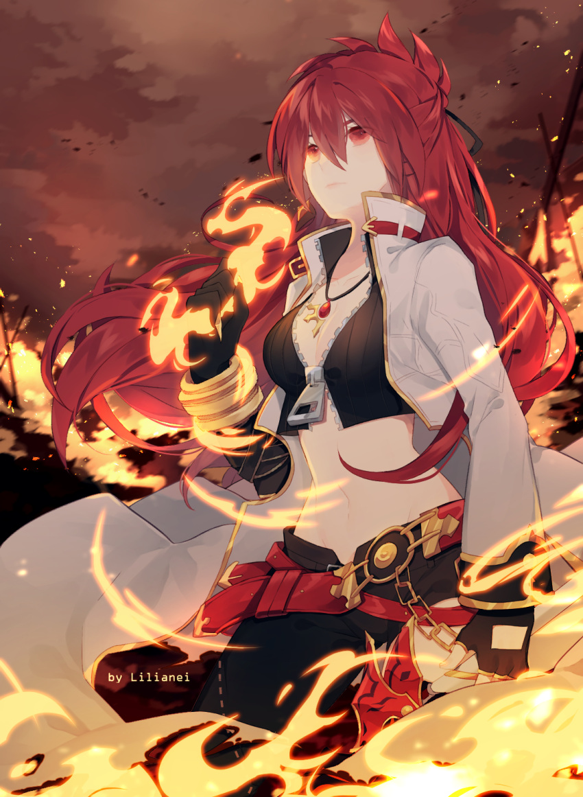 bangs, blazing_heart_(elsword), breasts, cleavage, coat, commission, elesis_(elsword), elsword