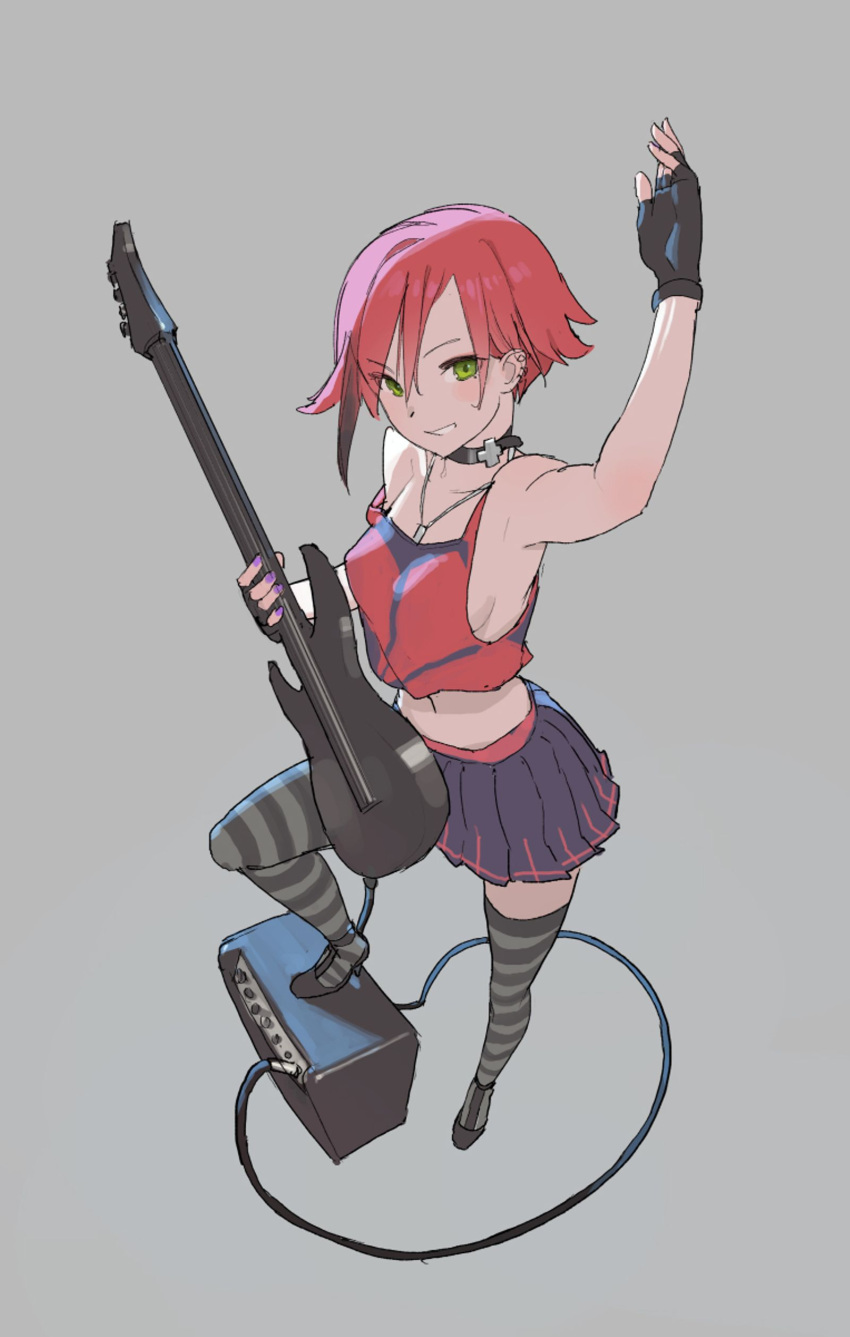 1girl, absurdres, amplifier, arm_up, black_gloves, breasts, choker, electric_guitar, eyebrows_visible_through_hair, fingerless_gloves, fingernails, gloves, green_eyes, grey_background, guitar, hair_between_eyes, highres, holding, holding_instrument, instrument, jewelry, looking_at_viewer, md5_mismatch, multicolored_shirt, necklace, one_leg_raised, original, pleated, pleated_skirt, redhead, resized, shirt, short_hair, skirt, solo, striped, striped_legwear, tim_loechner, upscaled