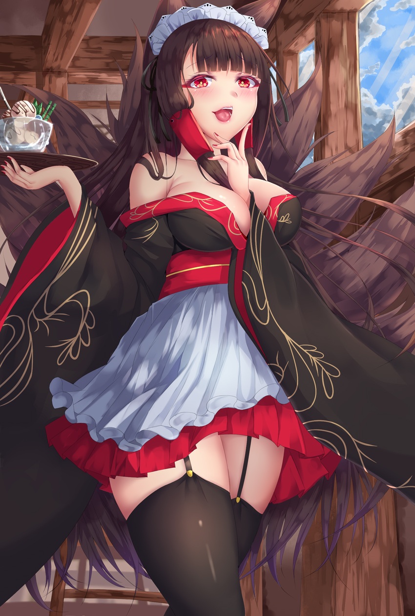 1girl, akagi_(azur_lane), animal_ears, azur_lane, bare_shoulders, black_hair, black_legwear, blush