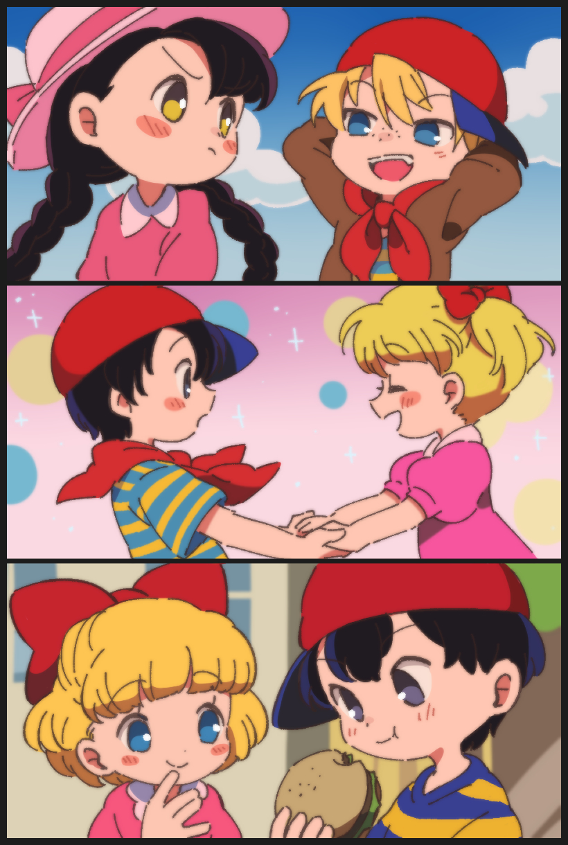 >:t, 3boys, 3girls, ana_(mother), arms_behind_head, baseball_cap, black_border, black_hair