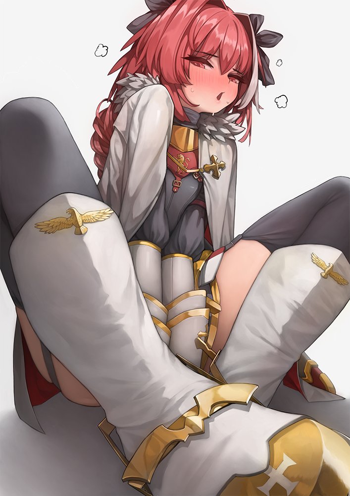 1boy, :o, astolfo_(fate), black_bow, black_legwear, blush, boots, bow