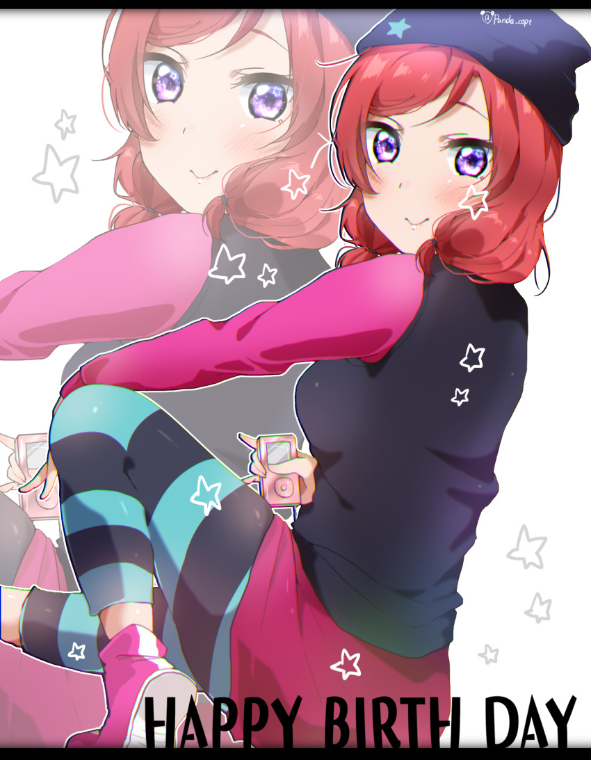 1girl, \m/, beanie, black_hat, blush, digital_media_player, from_side, hand_on_own_knee