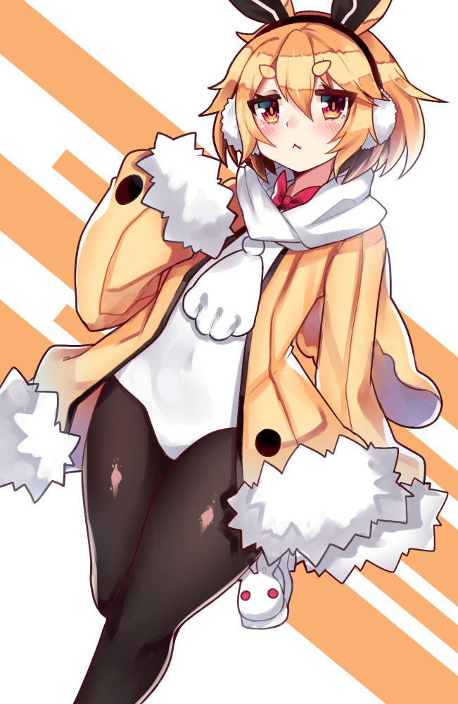 1girl, :<, animal_ears, animal_slippers, bangs, black_legwear, blonde_hair, blush