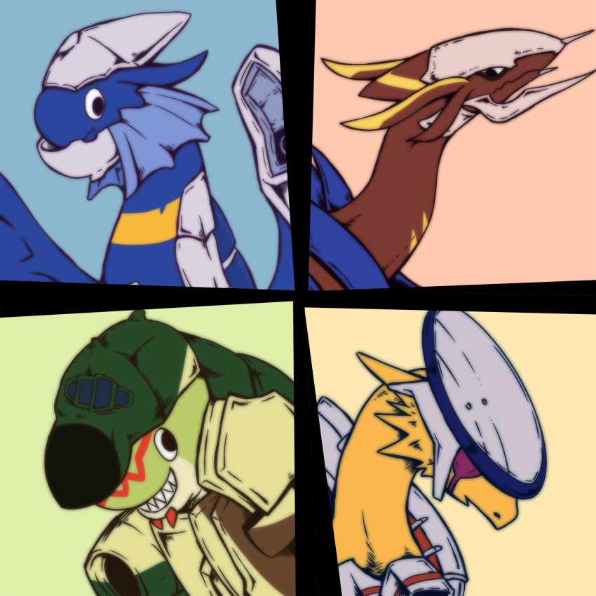 4boys, akemi_(hisomaso), armor, dragon, eyepatch, futomomo, highres, hisone_to_masotan, horns, masotan, minazukishiro, multiple_boys, no_humans, norma_(hisomaso), otf_gear, scales, sharp_teeth, teeth