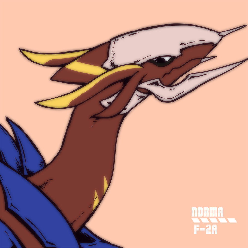 1boy, antennae, armor, character_name, dragon, f-2a_otf_gear, helmet, hisone_to_masotan, horns, minazukishiro, no_humans, norma_(hisomaso), otf_gear, pink_background, red_scales, scales, solo