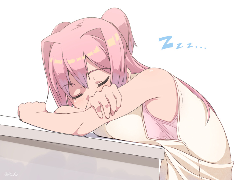 1girl, armpit_peek, artist_request, bangs, bare_shoulders, breast_rest, breasts, closed_eyes