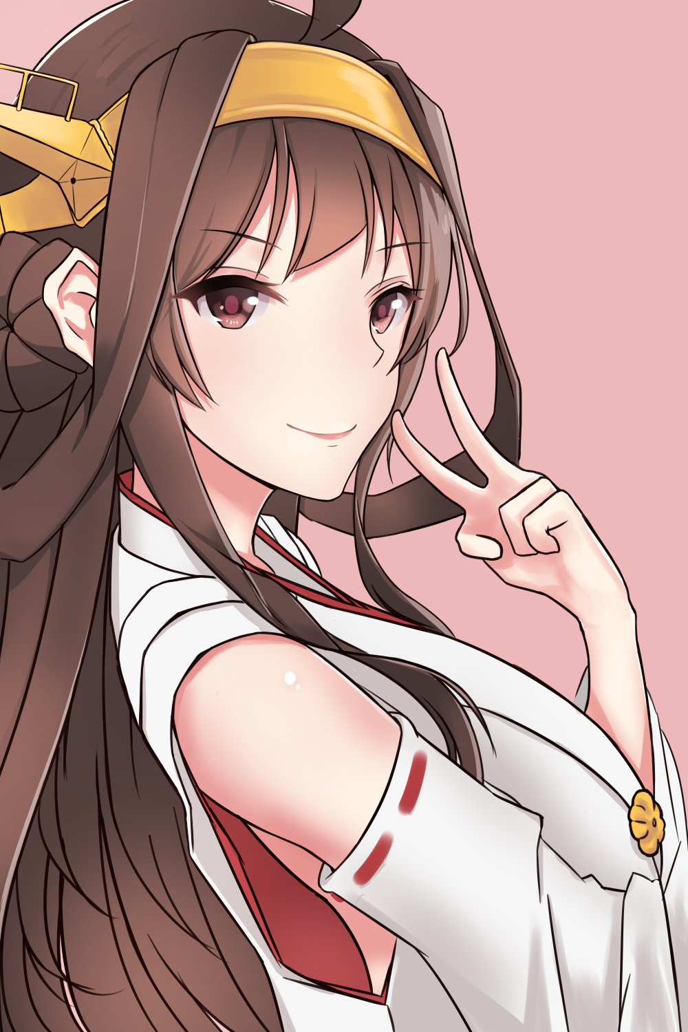 1girl, brown_eyes, brown_hair, detached_sleeves, eyebrows_visible_through_hair, highres, kantai_collection, kela, kongou_(kantai_collection), long_hair, pink_background, ribbon-trimmed_sleeves, ribbon_trim, simple_background, smile, solo, upper_body, v, very_long_hair, yellow_hairband