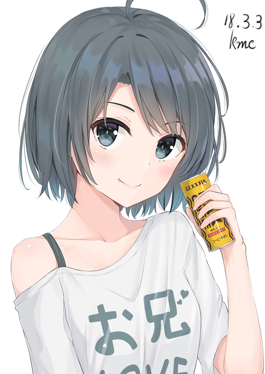 1girl, ahoge, black_eyes, collarbone, dated, eyebrows_visible_through_hair, fang_out, grey_hair