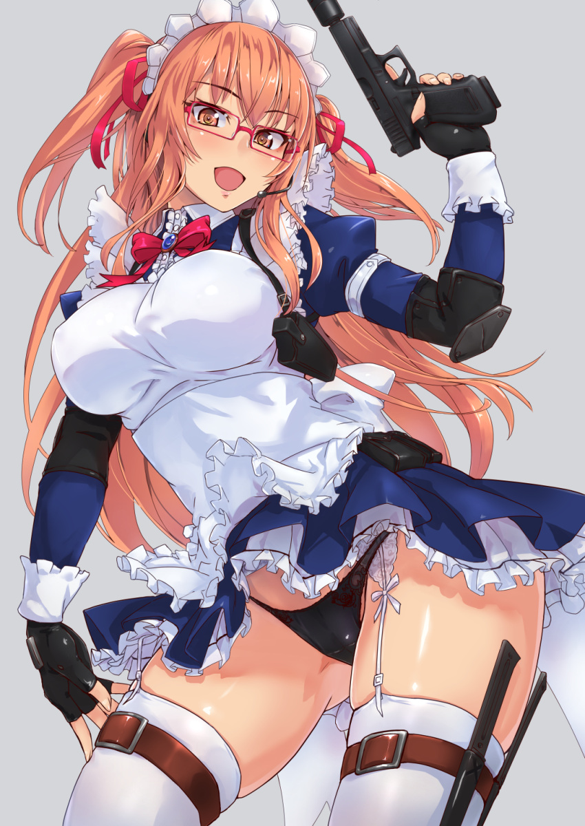 1girl, apron, bangs, black_gloves, black_panties, bow, bowtie, breasts