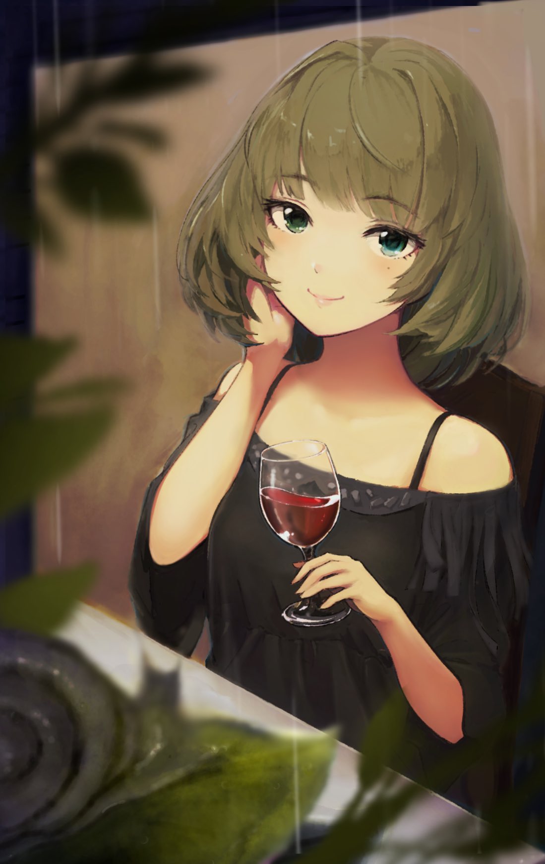 1girl, alcohol, black_shirt, blue_eyes, blurry_foreground, brown_hair, commentary_request, cup